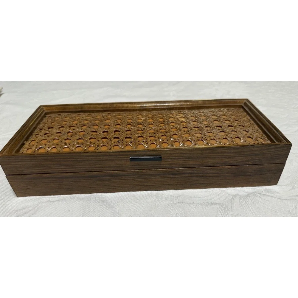 Vintage Wooden Mens Valet Box Mid Century Flip Top Wicker Rattan Lid Jewelry